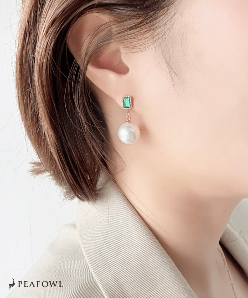 Rectangle Jewel Pearl Pierce - peafowl