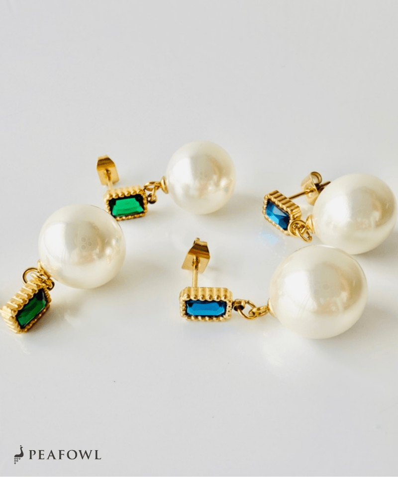 Rectangle Jewel Pearl Pierce - peafowl
