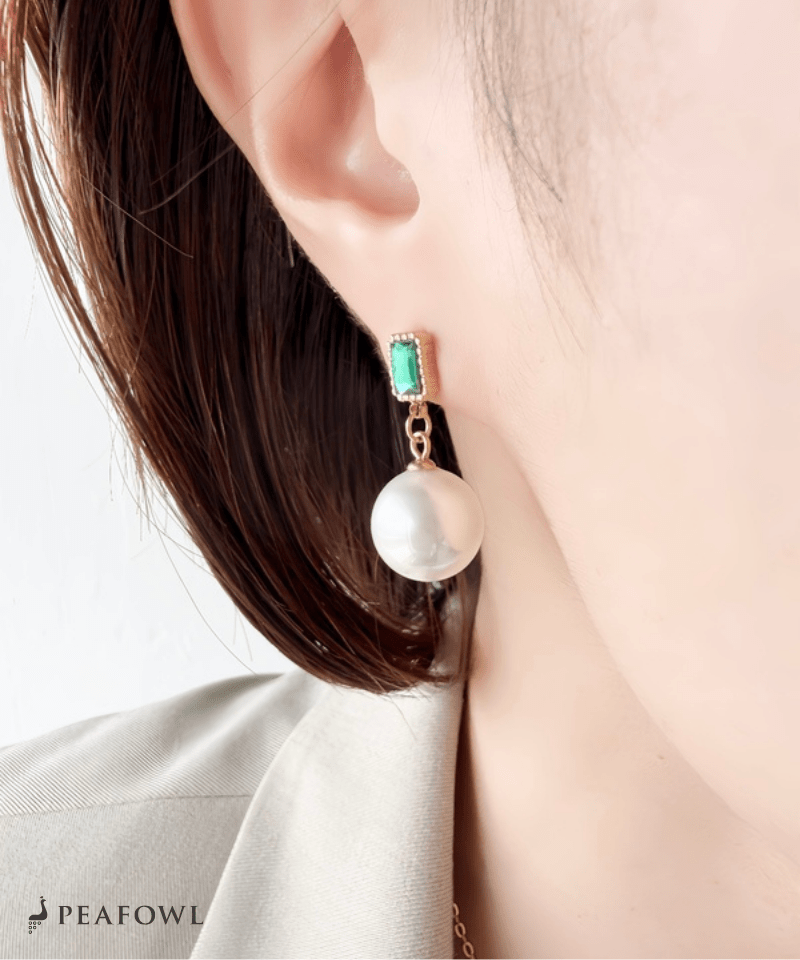 Rectangle Jewel Pearl Pierce - peafowl