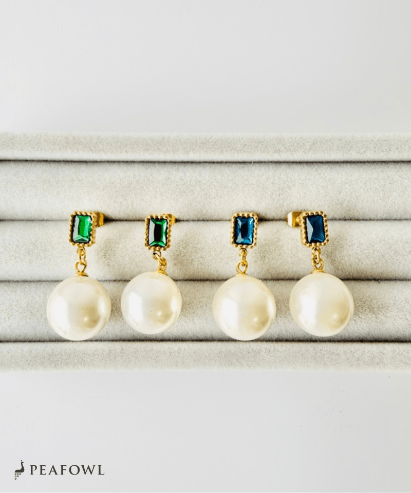 Rectangle Jewel Pearl Pierce - peafowl