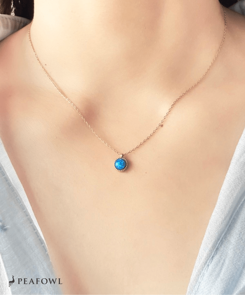 Round Opal Necklace - peafowl