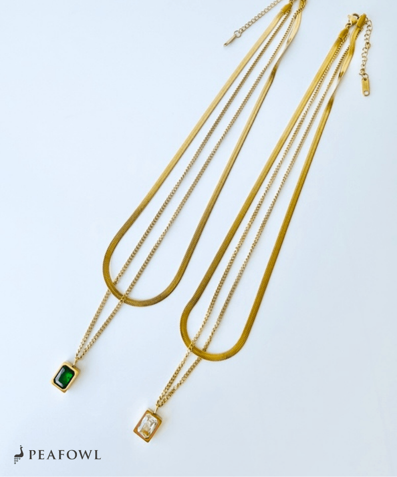 Square Bijou Layered Necklace - peafowl
