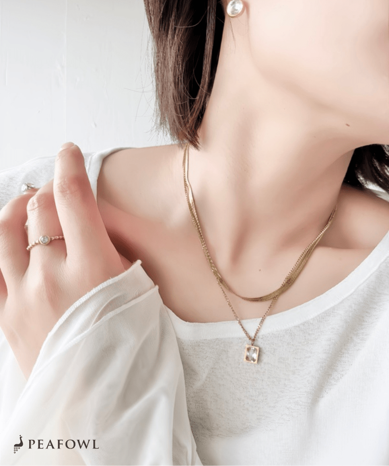 Square Bijou Layered Necklace - peafowl