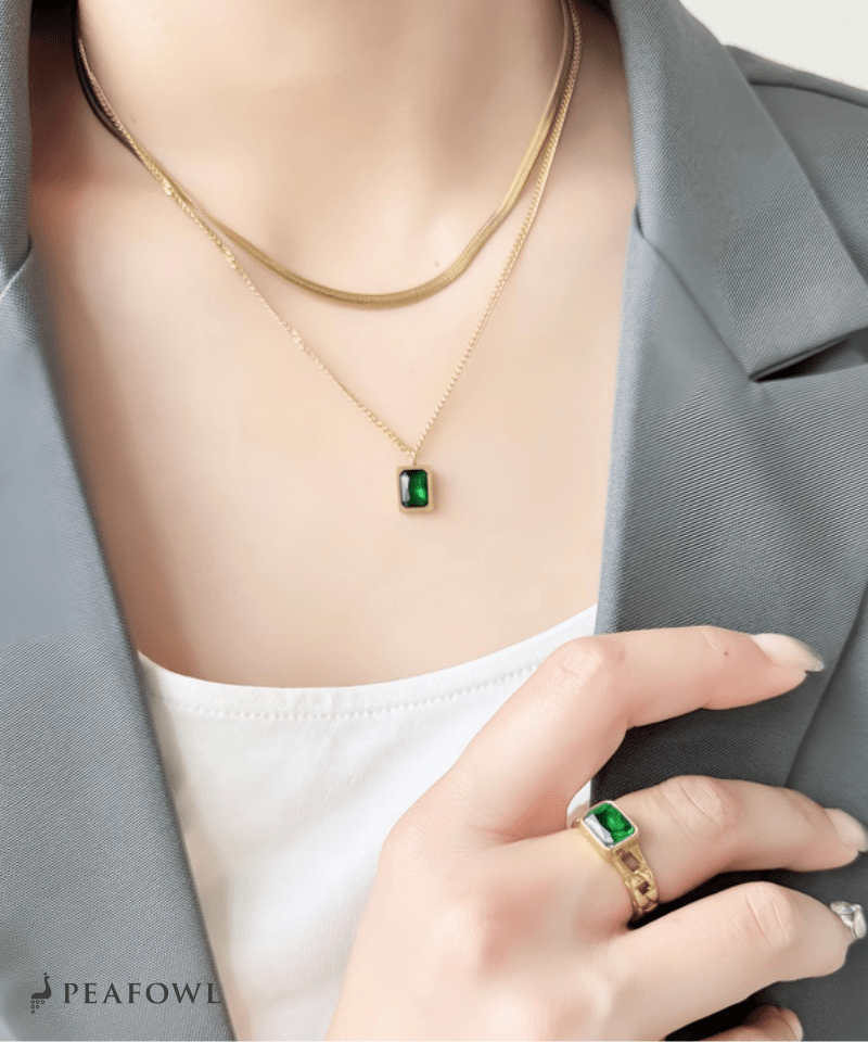 Square Bijou Layered Necklace - peafowl