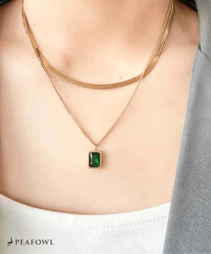 Square Bijou Layered Necklace - peafowl