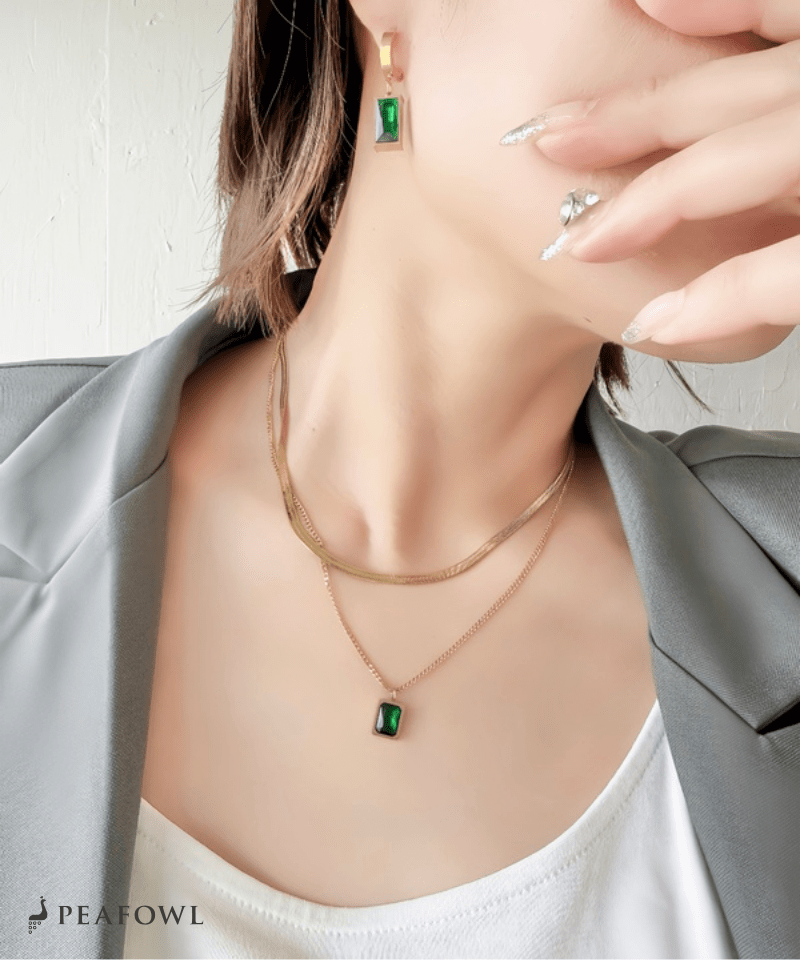 Square Bijou Layered Necklace - peafowl