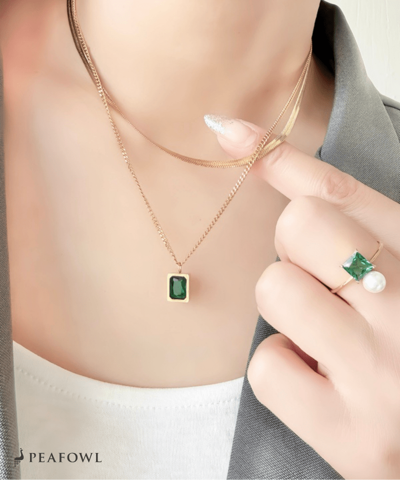Square Bijou Layered Necklace - peafowl