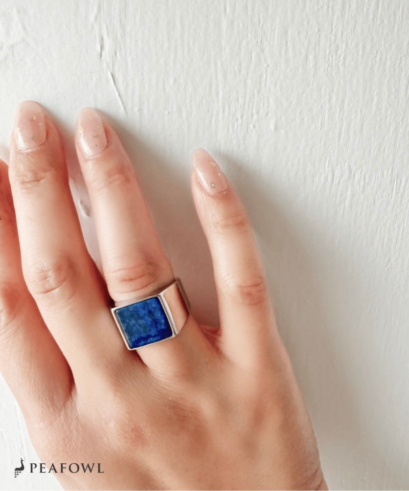 Square Plate Stone Ring - peafowl