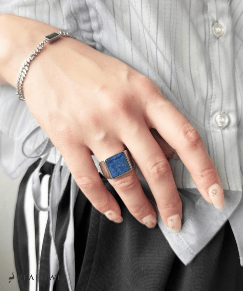 Square Plate Stone Ring - peafowl