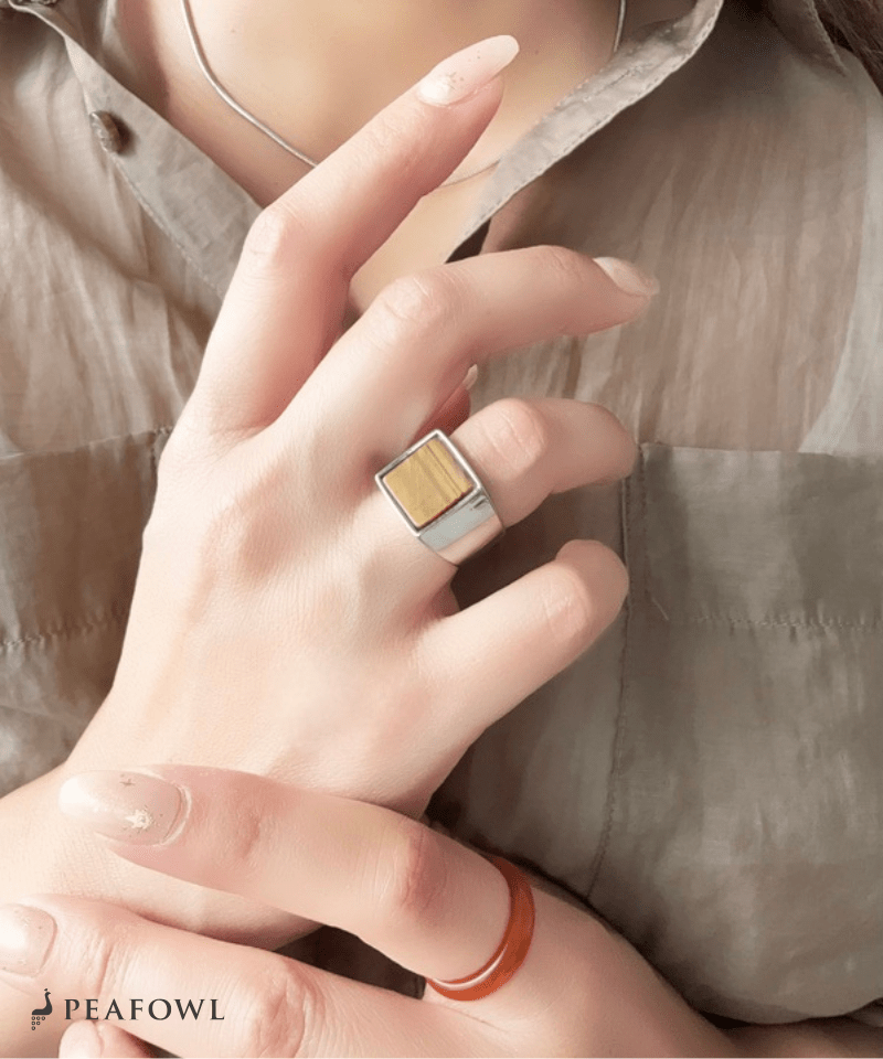 Square Plate Stone Ring - peafowl