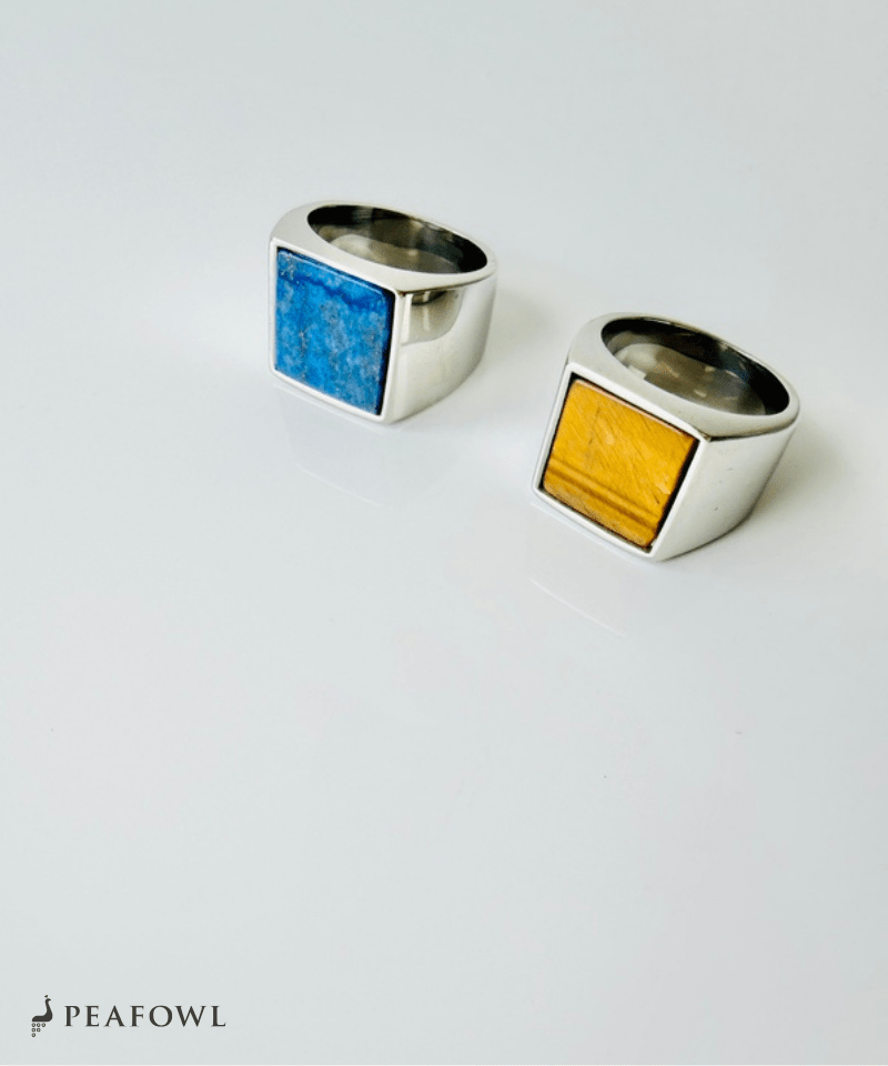 Square Plate Stone Ring - peafowl