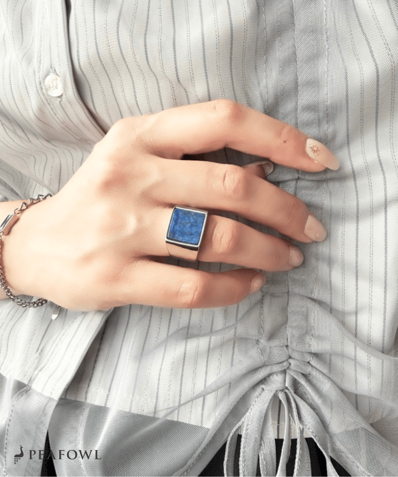 Square Plate Stone Ring - peafowl