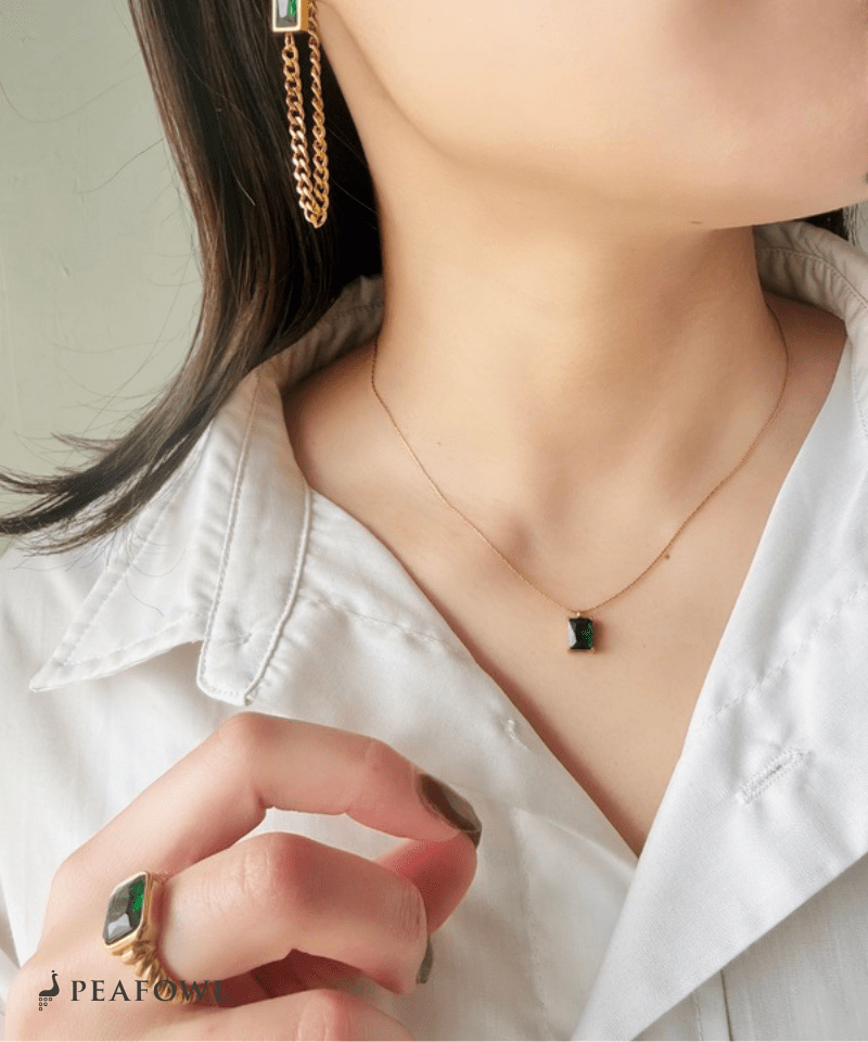 Square Stone Chain Necklace - peafowl