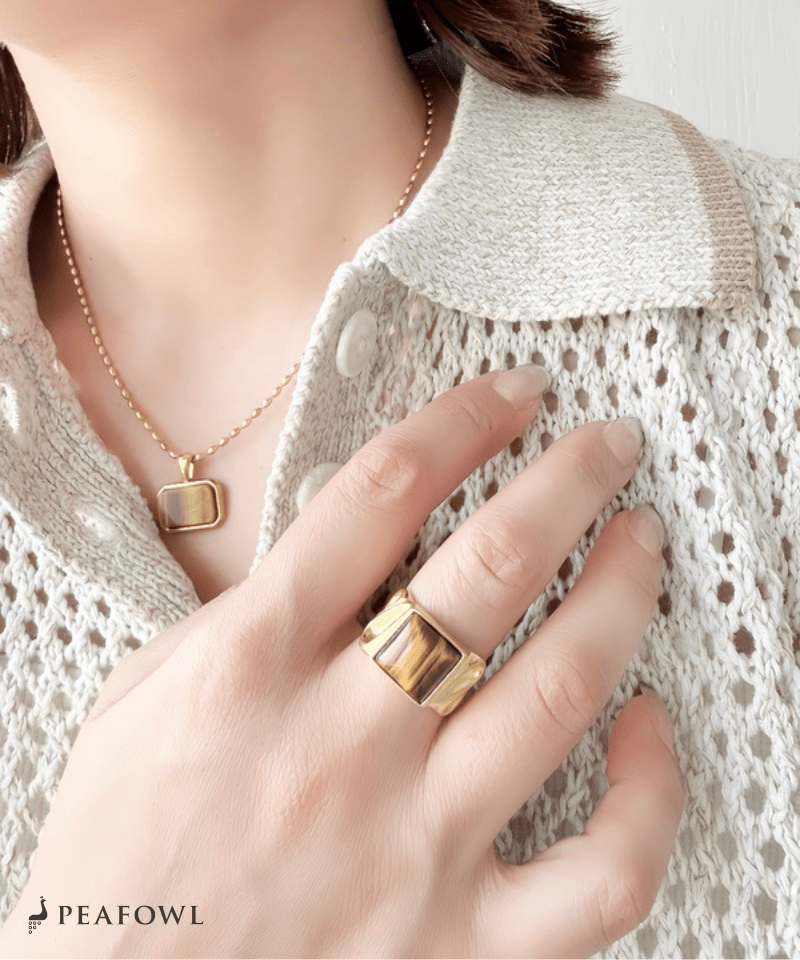 Square Stone Wide Ring - peafowl