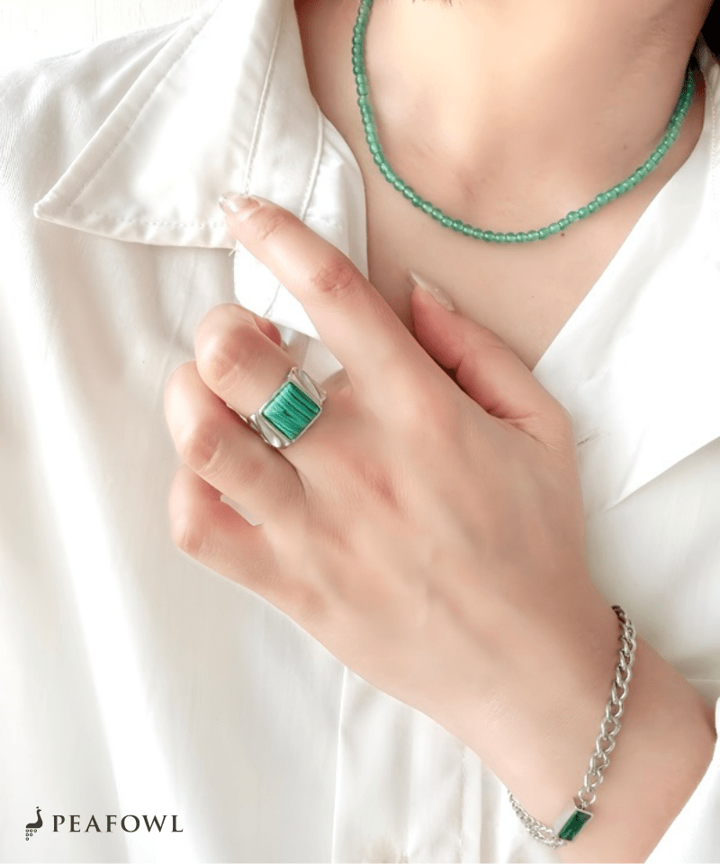 Square Stone Wide Ring - peafowl