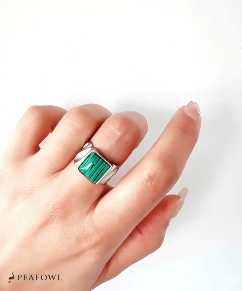 Square Stone Wide Ring - peafowl