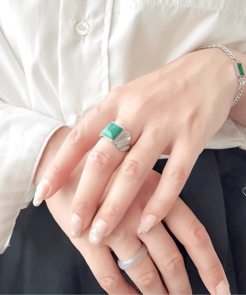 Square Stone Wide Ring - peafowl
