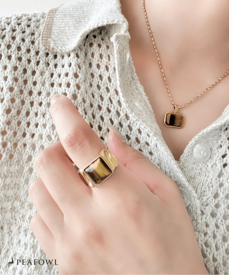 Square Stone Wide Ring - peafowl