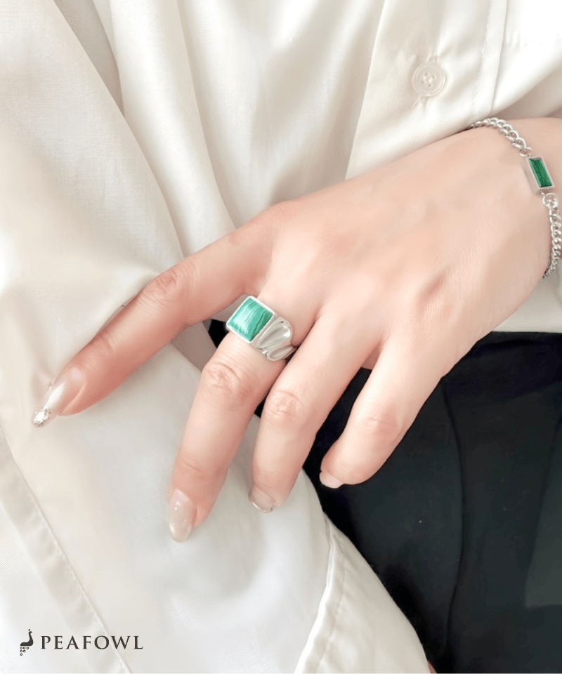 Square Stone Wide Ring - peafowl