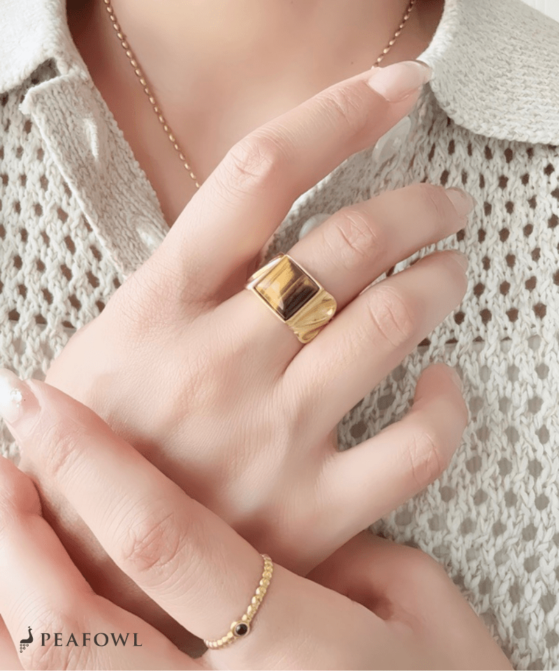 Square Stone Wide Ring - peafowl