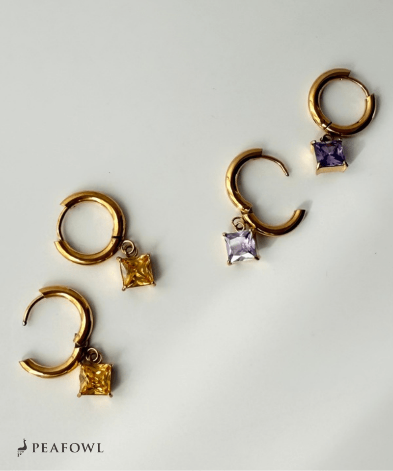 Square Zircon Hoop Pierce - peafowl