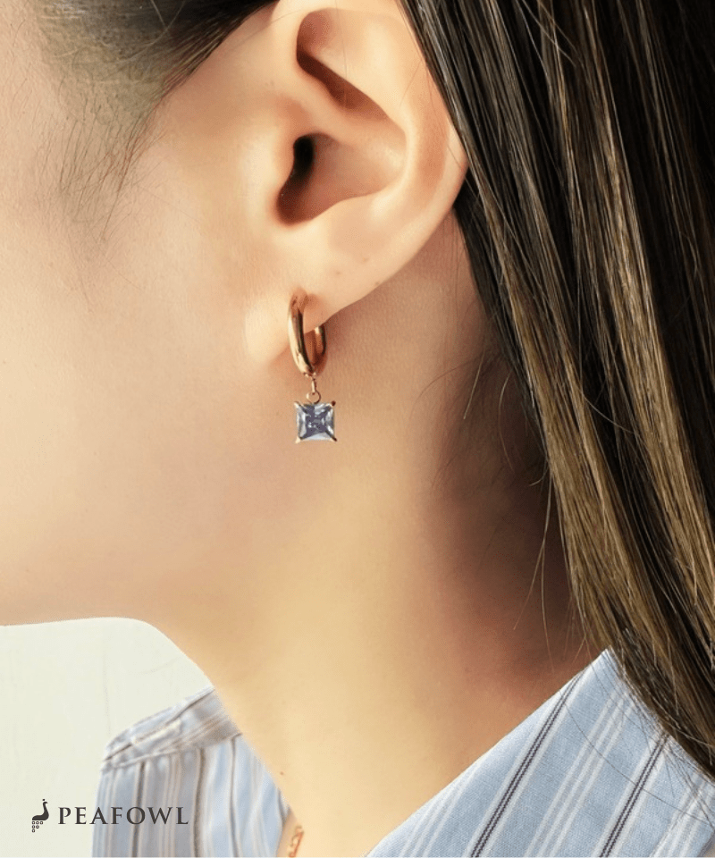 Square Zircon Hoop Pierce - peafowl