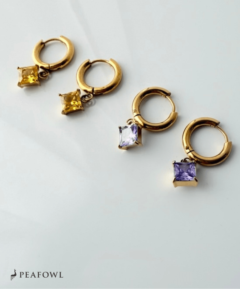 Square Zircon Hoop Pierce - peafowl