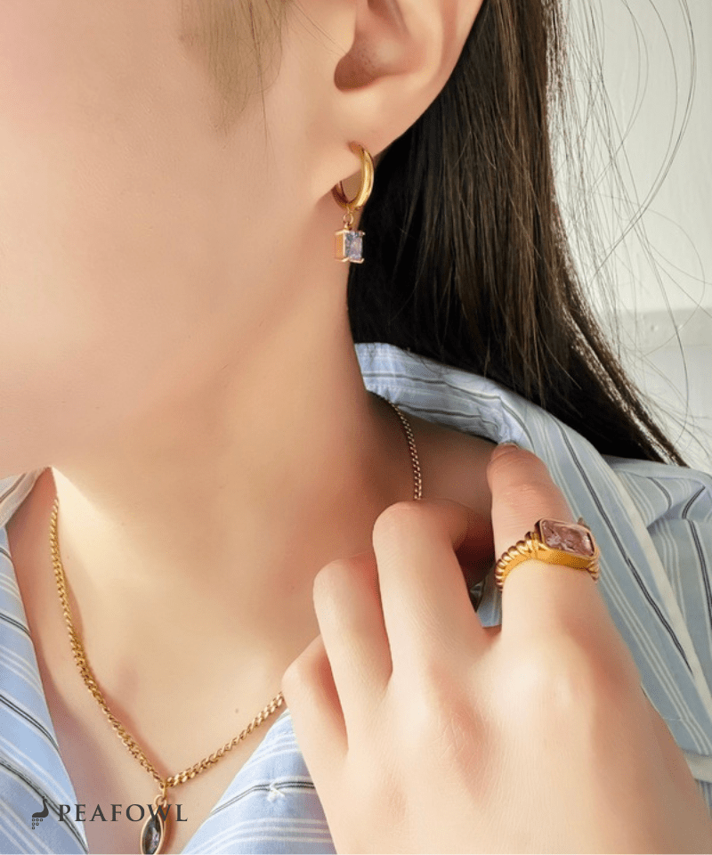 Square Zircon Hoop Pierce - peafowl