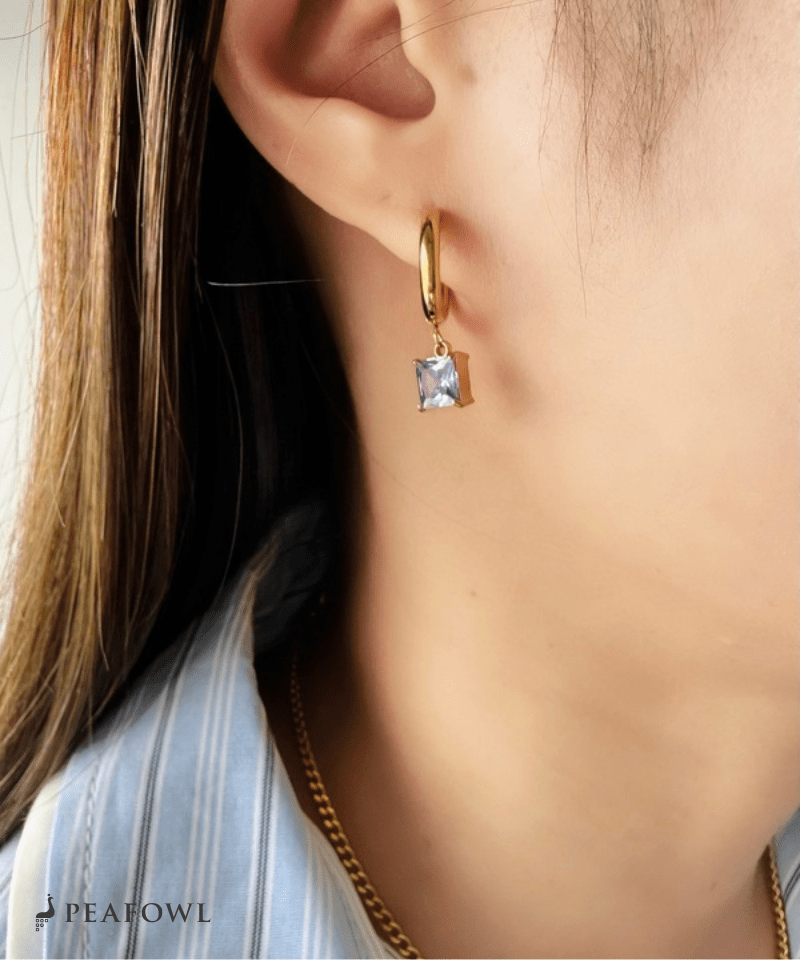 Square Zircon Hoop Pierce - peafowl