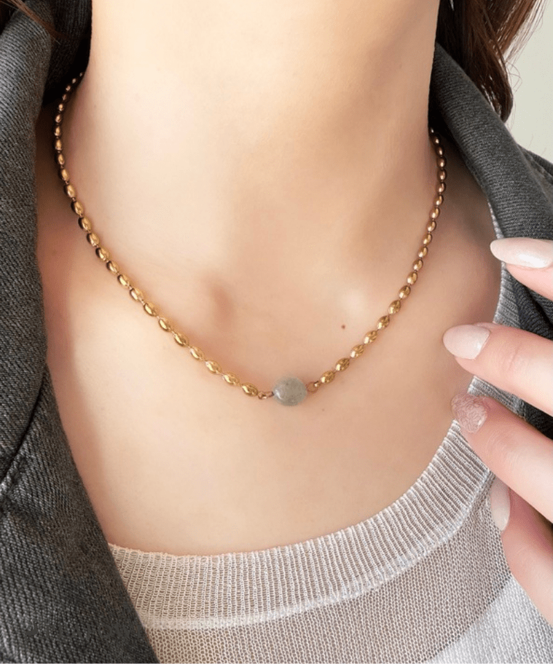 Stone Rice Ball Chain Necklace - peafowl
