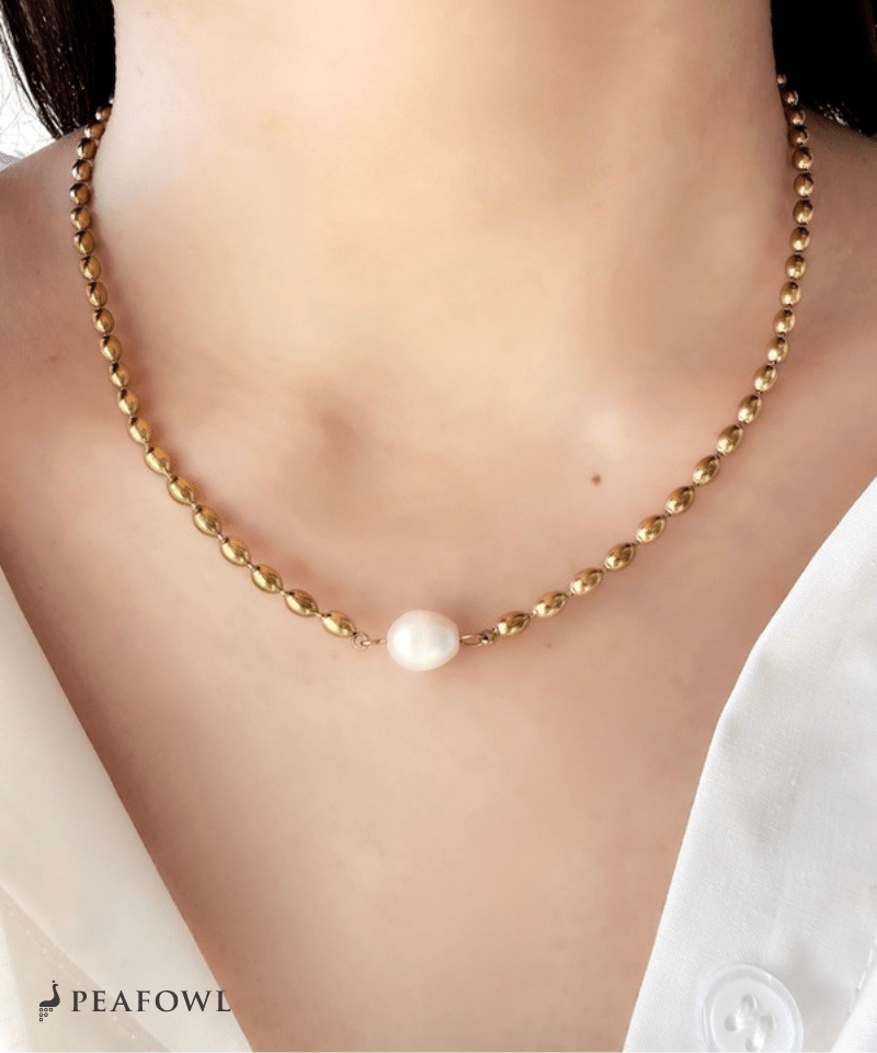 Stone Rice Ball Chain Necklace - peafowl