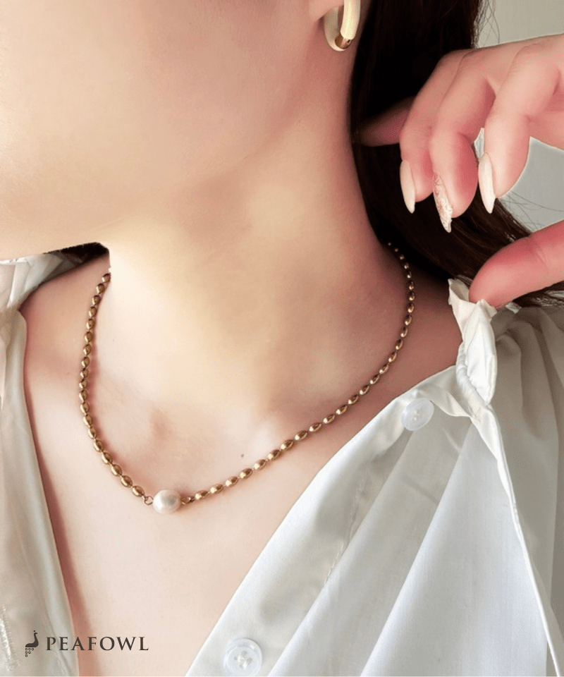 Stone Rice Ball Chain Necklace - peafowl