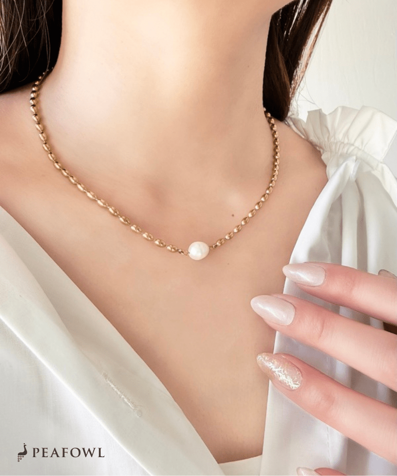 Stone Rice Ball Chain Necklace - peafowl