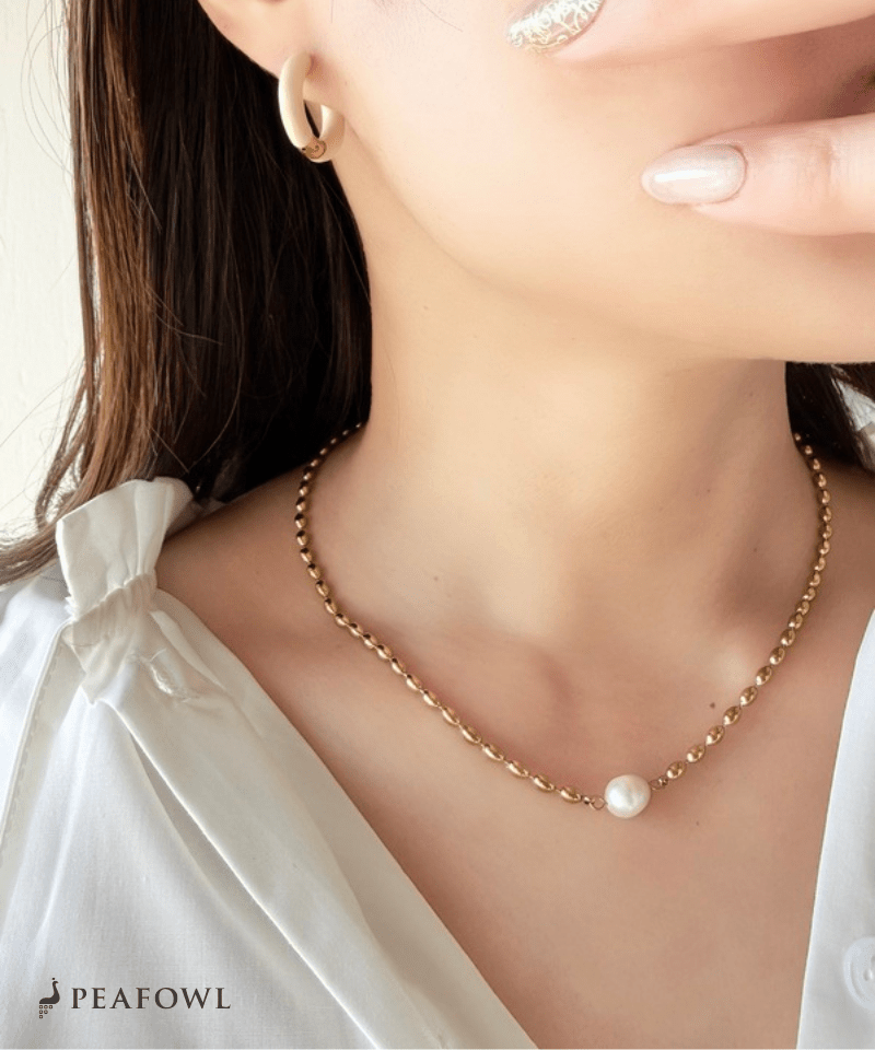 Stone Rice Ball Chain Necklace - peafowl